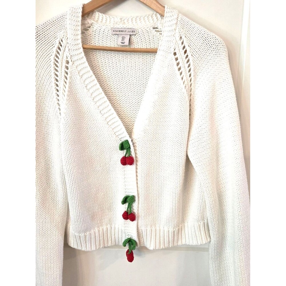 Sincerely Jules Cherry Button Cardigan Sweater L White Cottagecore Whimsy